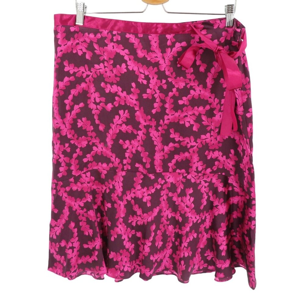 New York and Company Womens 16 All Silk Pink Purple Leaf Print Skirt Bow NEW